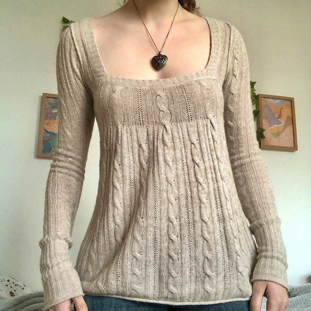 ZARA Spring Retro Khaki Cable Knit Low Cut Square Neck Sweater